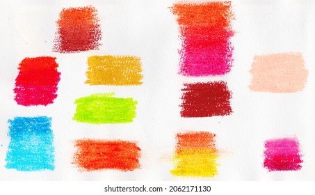 Abstract Colorful Oil Chalk Hand Paint On White Paper Background. Chalk Shading. Colored Oil Chalk Stains On White Paper Background. Chalk Texture. Hand-drawn Colorful Chalked.