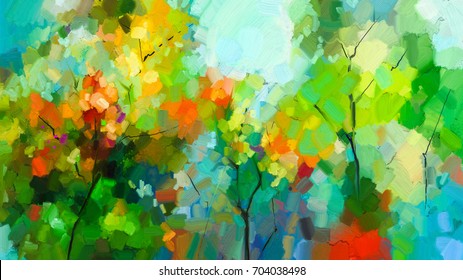 Abstract colorful oil painting landscape on canvas. Semi- abstract of tree in forest. Green and red leaves with blue sky. Spring ,summer season nature background. Hand painted  Impressionist style 