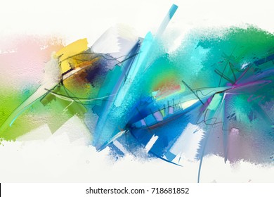 Abstract Colorful Oil Painting On Canvas Texture. Hand Drawn Brush Stroke, Oil Color Paintings Background. Modern Art Oil Paintings With Green, Blue Color. Abstract Contemporary Art For Background