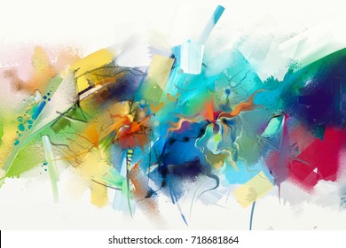 Abstract colorful oil painting on canvas texture. Hand drawn brush stroke, oil color paintings background. Modern art oil paintings with green, red and blue. Abstract contemporary art for background