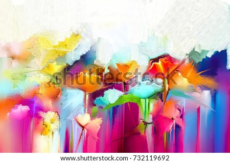 Abstract colorful oil painting on canvas. Semi- abstract image of flowers, in yellow and red with blue color. Hand drawn brush stroke, oil color paintings. Modern art oil paintings for background