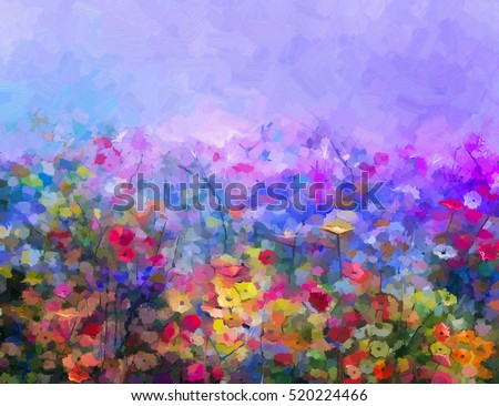 Abstract colorful oil painting purple cosmos flower, daisy, wildflower in field. Yellow and red wildflowers at meadow with blue sky. Spring, summer season nature background. 
