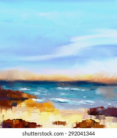 Abstract Colorful Oil Painting Seascape On Canvas. Semi- Abstract Image Of Sea And Beach With Waves, Rocks And Blue Sky. Summer Season Nature Background