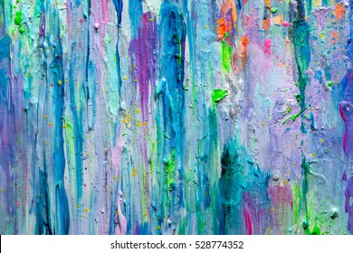 Abstract Colorful Painting In Blue, Turquoise And Mint Tones. Macro Acrylic Thick Paint Strokes.