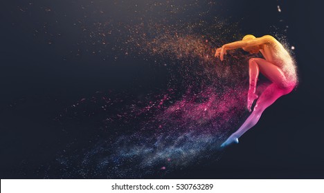 Abstract Colorful Plastic Human Body Mannequin With Scattering Particles Over Black Background. Action Dance Jump Ballet Pose. 3D Rendering Illustration