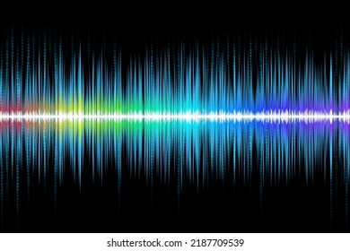 Abstract Colorful Rhythmic Digital Sound Wave With Binary Code On Black Background. Sound Waveform. Digital Information