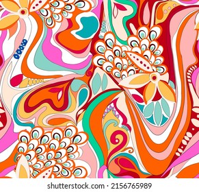 Abstract colorful seamless pattern motif illustration. Fabric motif texture repeated. Curved lines and floral elements. Background lines beautiful colorful.