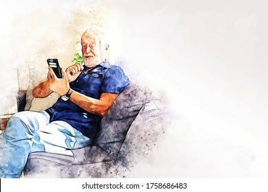 Abstract colorful senior man sitting alone in home and talking friend on smart phone on watercolor illustration painting background. - Powered by Shutterstock