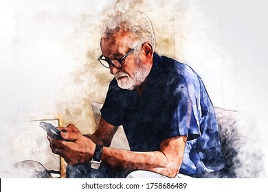 Abstract colorful senior man sitting alone in home and talking friend on smart phone on watercolor illustration painting background.