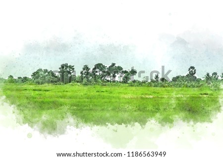 Abstract Colorful tree and field landscape on watercolor painting background.