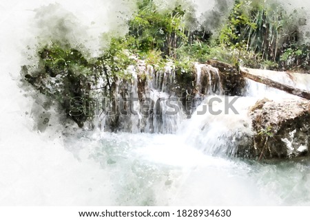 Abstract colorful waterfall in forest on watercolor illustration painting background.