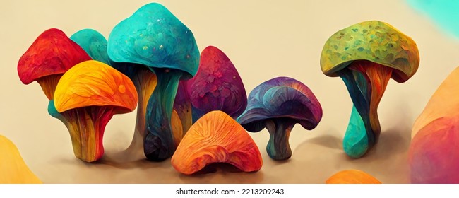 Abstract Colourful Mushrooms, Trippy Psychedelic Lsd Art. For: Web Banner, Texture, Pattern, Wallpaper.