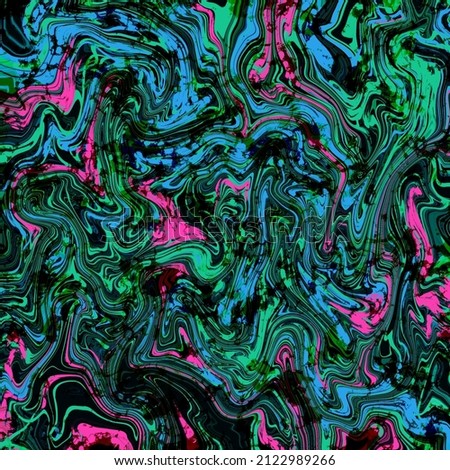 Abstract colourful neon pattern with bright squirming lines on a black background Irregular geos fashion trend Zigzag, Fluid Swirl, Marble, Stone surface