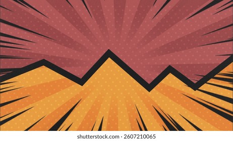 Abstract comic book style background with orange and red sections. Features a zigzag line and radial lines.