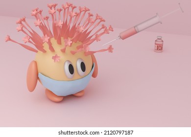 An Abstract Comic Character. Coronavirus On Vaccination. COVID-19 With Frightened Eyes And A Blue Mask. A Yellow Ball With Oval Arms And Legs And Pink Tentacle Hair In A Pink Office. 3D Render.