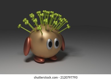 An Abstract Comic Character. Coronavirus On Vaccination. COVID-19 With Frightened Eyes. A Yellow Ball With Oval Arms And Legs And Green Tentacle Hair In A Gray Office. 3D Render.