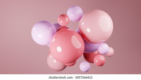 Abstract composition with 3d spheres cluster. Pink glossy realistic bubbles. Futuristic background of balls