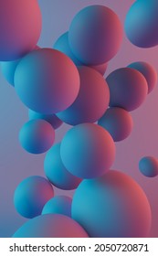 Abstract Composition With Blue Spheres, Modern Pastel Color, Orange And Cascade Green Light, Background Design. 3D Rendering.