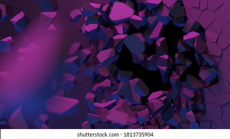 Abstract composition of cracked surface. A bullet or stone pierces a colorful square on a purple blue neon background. Animated cgi background with a broken shape and flying particles. 3d rendering