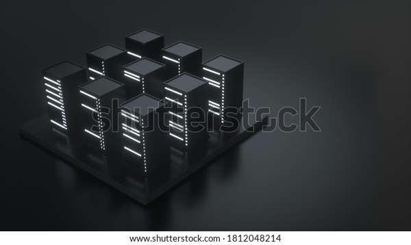 Abstract composition of database. Server stack\
concept in black with glowing bulbs and indicators on a black\
background. Backup, mining, hosting, mainframe, farm, cloud and\
computer rack. 3D\
rendering