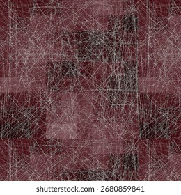 An abstract composition dominated by muted maroon and dark red tones. Thin white line networks overlay the surface, forming geometric intersections. The piece conveys density and layered