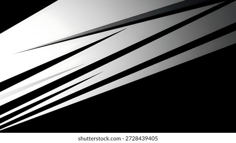 An abstract composition features sharp black and white lines creating a dynamic pattern against a dark background. The design showcases contrasting tones and angular forms, possibly suggesting movement. Suitable for design projects and visual elements, it is suitable for various commercial uses such as graphic design, advertising, and editorial content.