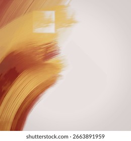 An abstract composition featuring bold, sweeping brush strokes in shades of red, orange, and yellow. The textured paint flows dynamically across a clean white background