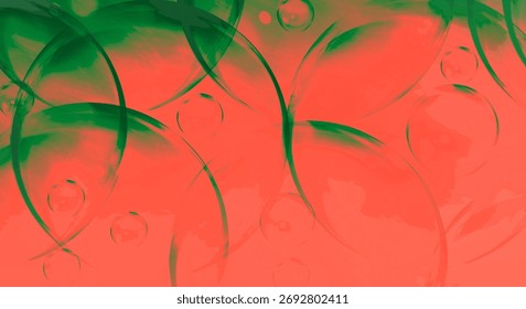 An abstract composition featuring fluid green swirls and organic shapes set against a bright, energetic coral-colored background, creating a dynamic visual contrast.