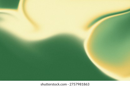 An abstract composition featuring fluid organic shapes in deep green and pale yellow tones with a vintage film grain texture and a soft glow.