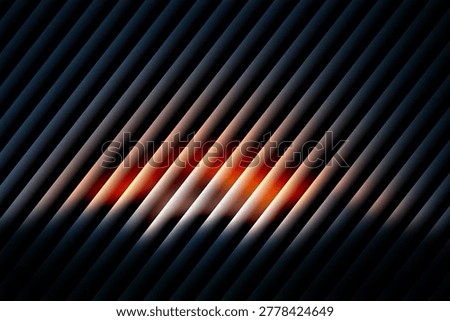 An abstract composition featuring parallel diagonal lines with a warm, glowing orange light emanating from the center. The background is dark and textured.