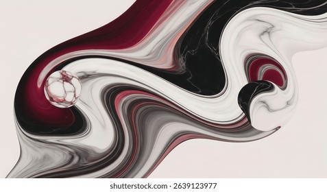 An abstract composition featuring swirling marble patterns in black, white, and burgundy with a floating sphere, suitable for artistic and decorative purposes.
