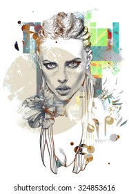 Abstract Composition With A Freehand Blonde Female Portrait, Watercolor Blots And Decorative Elements