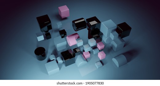 Abstract Composition Of Geometric Glossy Cube And Cylinder Shapes. 3d Rendering Illustration.