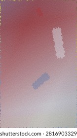 Abstract composition with a grainy gradient from deep red to light grey, accented by thick, textured paint strokes in white and blue.