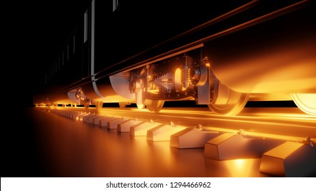Abstract composition of night high-speed train. Dark background and red glow under the wheels of the train. 3d illustration. The concept of modern trains, fast and comfortable transport