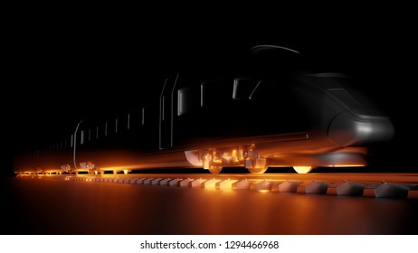 Abstract Composition Of Night High-speed Train. Dark Background And Red Glow Under The Wheels Of The Train. 3d Illustration. The Concept Of Modern Trains, Fast And Comfortable Transport