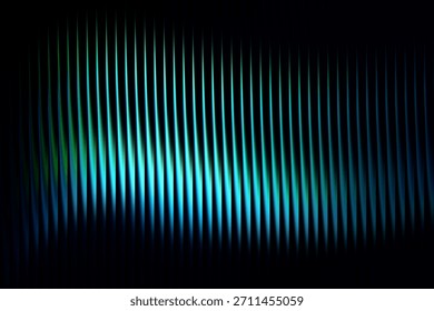 An abstract composition showcasing flowing vertical lines illuminated by a cool gradient of blue and green light, evoking a sense of tranquility and depth on a dark canvas.