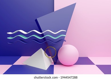An abstract composition symbolizing the open sea, waves, wind, sea, a yacht with a raised sail. 3d rendering