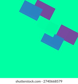 Abstract composition with three overlapping rectangular blocks in blue and purple drifting across a bright turquoise green background for modern design and color contrast.