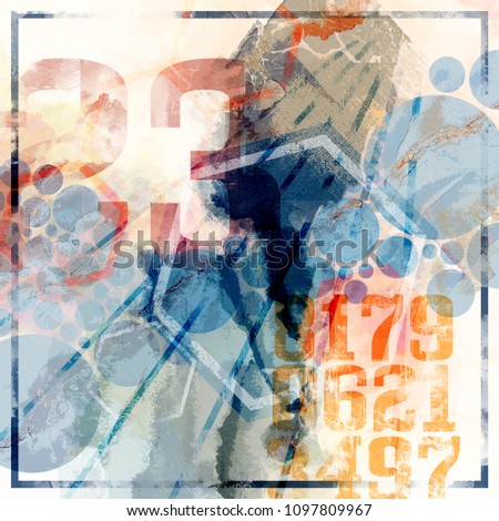 Abstract composition with typo elements and textured colorful background