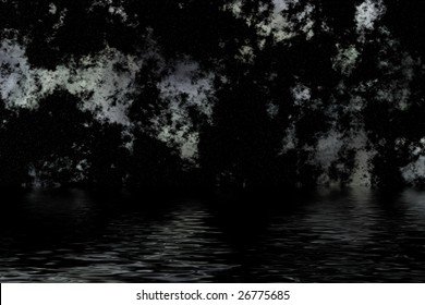 Abstract computer generated night sky background with stars and clouds over the sea