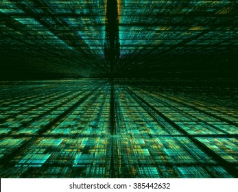 Abstract Computer-generated Green Technology Background With The Horizon, Grid And Perspective. Fractal Background For Web-design, Posters, Covers.