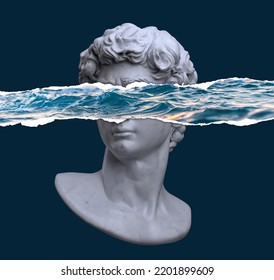 Abstract Concept 3D Rendering Illustration Of Classical Head Bust Sculpture With Eye Level Torn Paper Unveiling A CG Body Of Water Surface And Isolated On Dark Background.