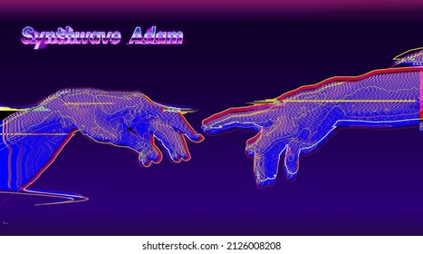 Abstract concept glitch art design illustration of reaching hands in pink and blue synthwave style  isolated on black background.