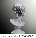 Abstract concept illustration from 3d rendering of hole cut face white marble classical head bust with black shiny skull inside hollow void on a pedestal isolated on grayscale gradient background.