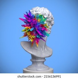Abstract concept illustration from 3D rendering of pop art style classical male marble head bust with bright colored face outgrowth isolated on blue background.