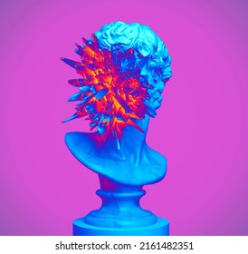 Abstract Concept Illustration From 3D Rendering In Vaporwave Art Style Colors Of Classical Male Marble Head Bust With Bright Orange Colored Face Outgrowth Isolated On Pink Background.