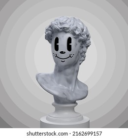 Abstract Concept Illustration From 3d Rendering Of White Marble Classical Bust On Pedestal With Old Funny Smiling Retro Cartoon Style Face On Grayscale Background.