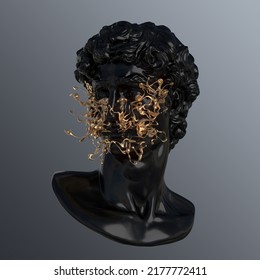 Abstract concept illustration from 3D rendering of black marble classical male bust head with abstract golden reflecting face-piece isolated on dark grey background.