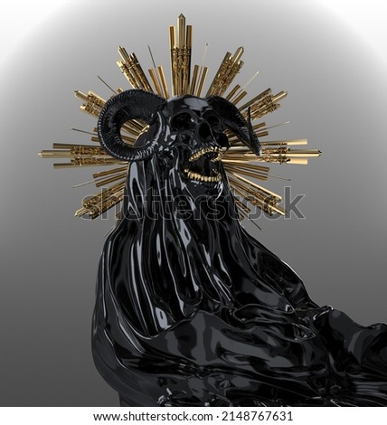 Abstract concept illustration from 3d rendering of shiny black veiled scary screaming skull figure with golden teeth and holy saint halo rays isolated on grey background in dark art style.